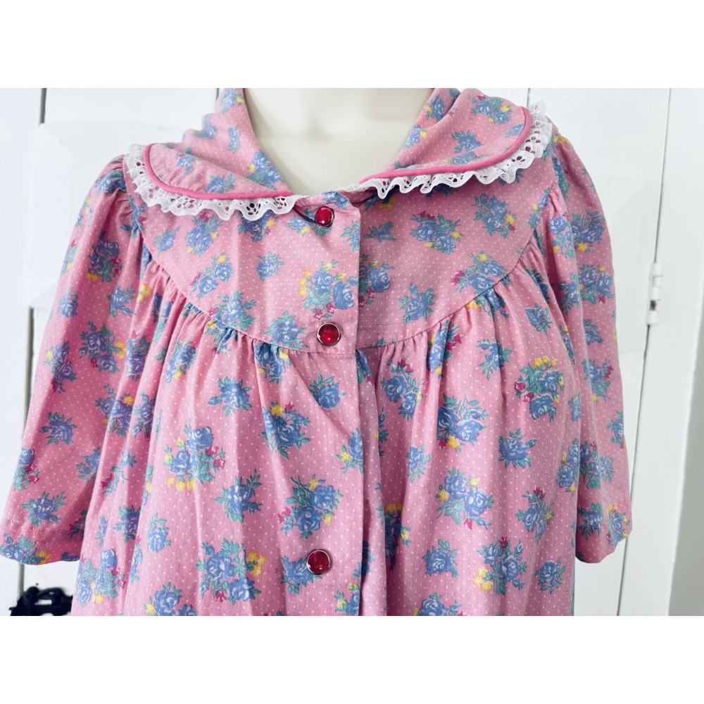 VTG All Day Cafe Pearl Snap Housecoat Dress Robe Mumu Pink Floral Cottagecore